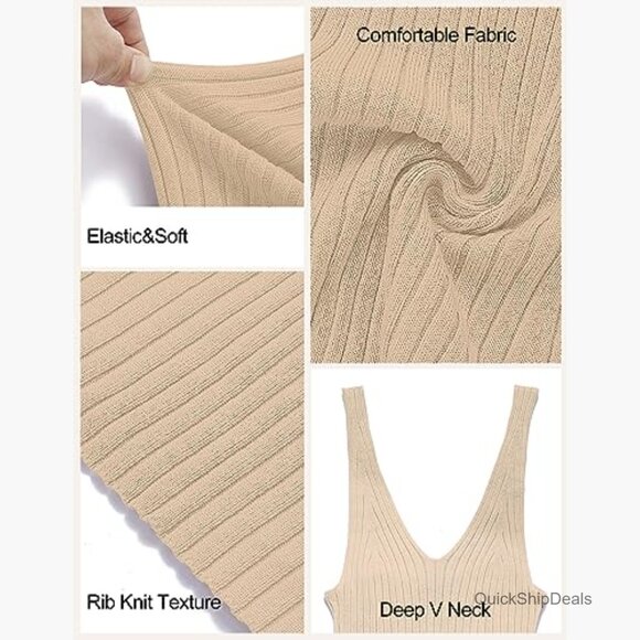 Viscose Polyamide Ribbed Knit Bodycon Midi Dress V Neck Sleeveless - Picture 6 of 7